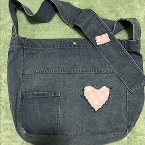 Upcycled new denim crossbody bag, palaka print heart, durable